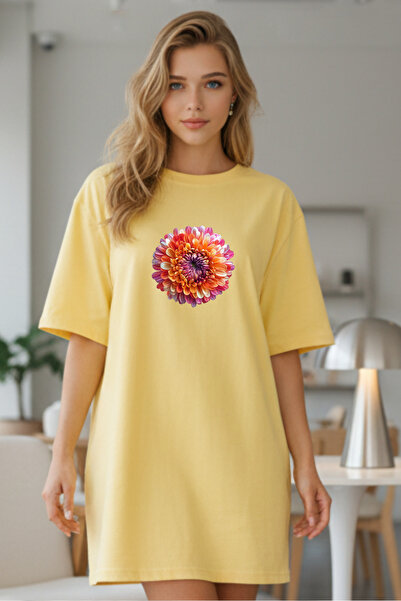 Pink Sky Elbisee Γυναικείο Κόκκινο Oversize Φόρεμα T-shirt – Πορτοκαλί με φλο...