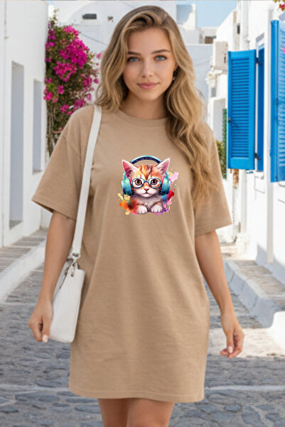 valeriae Elbisee Women's Red Oversize T-Shirt Dress – Cat with Glasses and He...