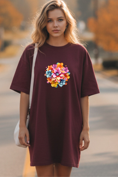 Pink Sky Elbisee Γυναικείο Κόκκινο Φόρεμα T-Shirt Oversize – Με Πολύχρωμο Σχέ...