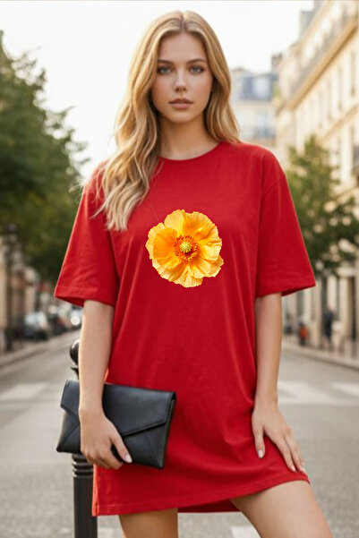 Pink Sky Elbisee Women's Red Oversize T-Shirt Dress – Yellow Floral Print
