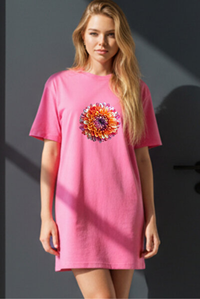 Frisson Elbisee Γυναικείο Κόκκινο Oversize Φόρεμα T-shirt – Πορτοκαλί με φλορ...