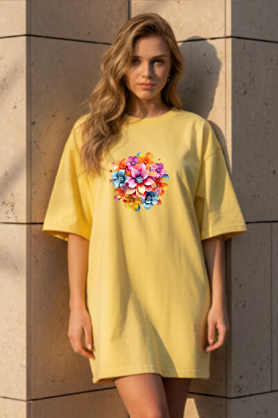 Frisson Elbisee Γυναικείο Κόκκινο Φόρεμα T-Shirt Oversize – Με Πολύχρωμο Σχέδ...