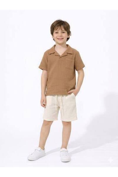 Jolly Kids Boy's Muslin Fabric Shirt and Collared Shorts Set