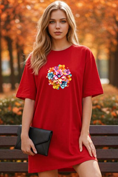 Frisson Elbisee Women's Red Oversize T-Shirt Dress – Colorful Floral Bouquet ...
