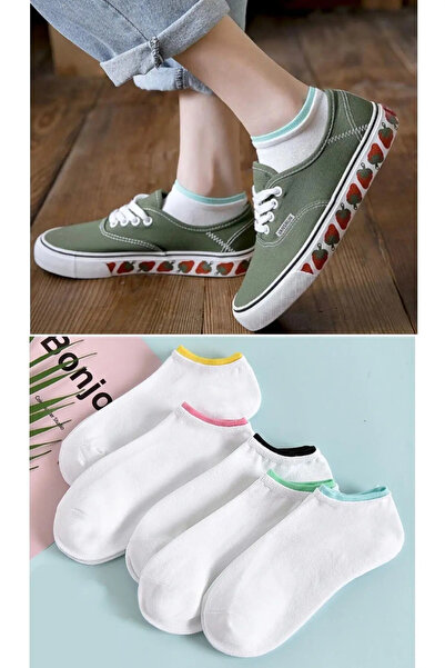 UZN SOCKS 5 ζευγάρια λευκές κάλτσες sneaker με χρωματιστές άκρες - Αόρατες κά...