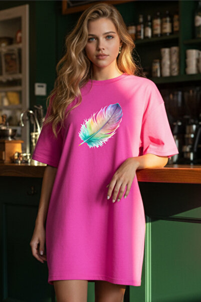 Frisson Elbisee Κόκκινο Oversize Γυναικείο Φόρεμα T-shirt – Με Πολύχρωμο Σχέδ...