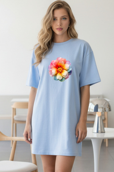 Frisson Elbisee Women's Red Oversize T-Shirt Dress – Colorful Minimal Floral ...