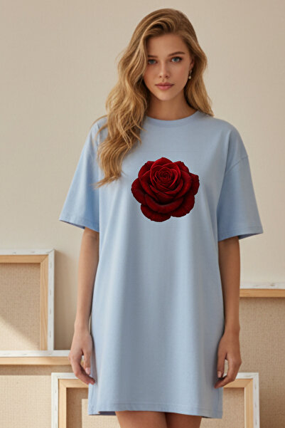 Pink Sky Elbisee Women's Red Oversize T-Shirt Dress – Red Rose Print (Rose De...