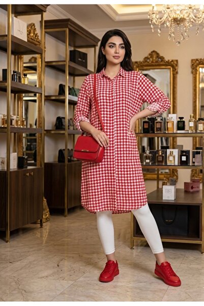 Polologin Butik Κόκκινο και λευκό τουνίκ βισκόζης με σχέδιο ράμφους χήνας