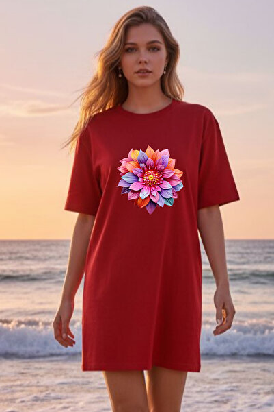 Frisson Elbisee Women's Red Oversize T-Shirt Dress – Colorful Floral Print