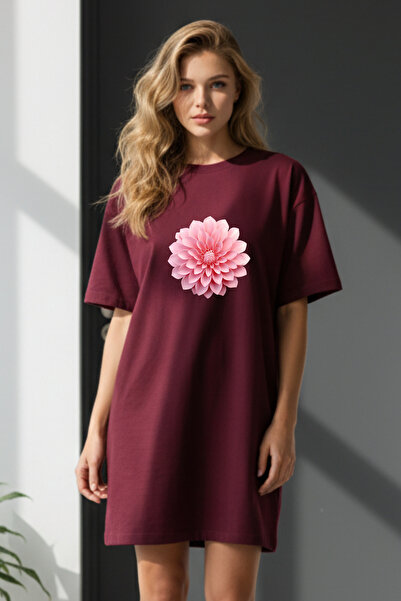 EFFRENATU Elbisee Γυναικείο Κόκκινο Oversize Φόρεμα T-shirt – Ροζ με στάμπα λ...