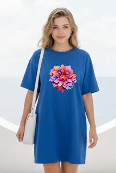 Pink Sky Elbisee Women's Red Oversize T-Shirt Dress – Colorful Floral Print