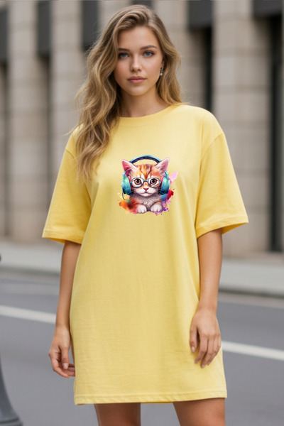 Frisson Elbisee Γυναικείο Κόκκινο Φόρεμα T-Shirt Oversize – Με στάμπα γάτας μ...