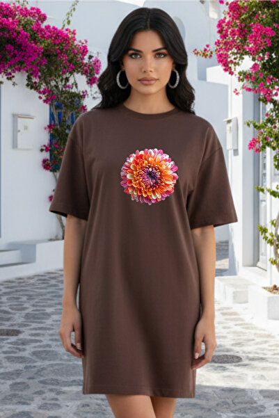 Pink Sky Elbisee Γυναικείο Κόκκινο Oversize Φόρεμα T-shirt – Πορτοκαλί με φλο...