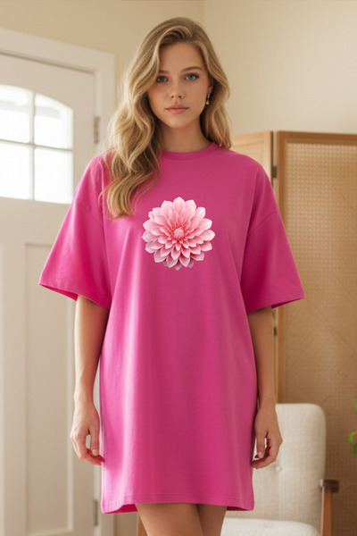 Frisson Elbisee Γυναικείο Κόκκινο Oversize Φόρεμα T-shirt – Ροζ με στάμπα λου...