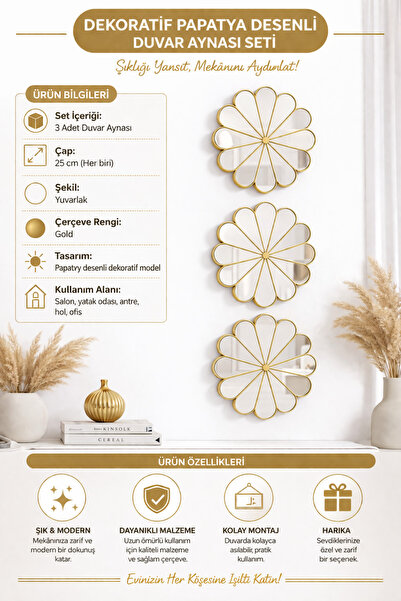 GenelTedarik Premium Papatya Desenli Gold Ayna Seti (3 Adet) Modern Stil