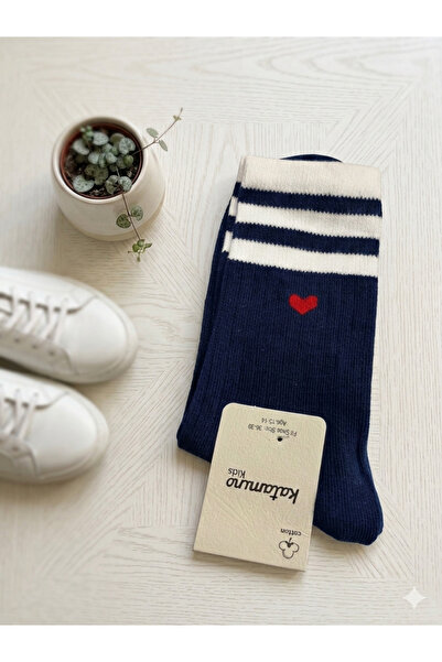 Katamino Unisex Siyah Kolej Stil Çizgili Kalp Nakışlı Pamuklu Soket Çorap