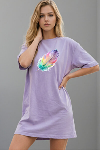 Pink Sky Elbisee Κόκκινο Oversize Γυναικείο Φόρεμα T-shirt – Με Πολύχρωμο Σχέ...