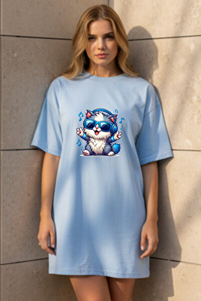 Pink Sky Elbisee Women's Red Oversize T-Shirt Dress – Music Cat with Headphon...