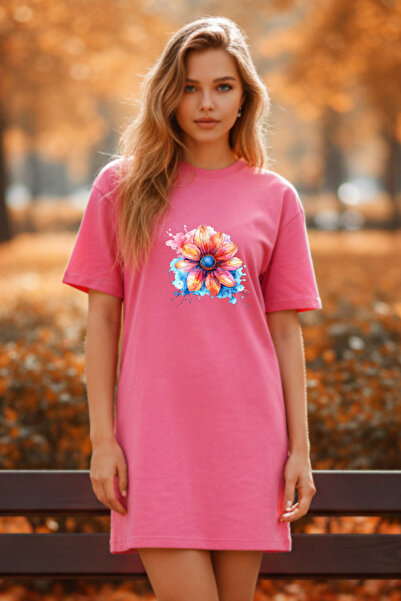 Frisson Elbisee Γυναικείο Κόκκινο Φόρεμα T-Shirt Oversize – Με Πολύχρωμο Φλορ...