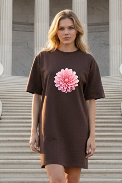 EFFRENATU Elbisee Γυναικείο Κόκκινο Oversize Φόρεμα T-shirt – Ροζ με στάμπα λ...