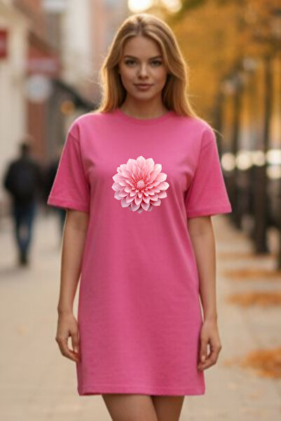 Frisson Elbisee Γυναικείο Κόκκινο Oversize Φόρεμα T-shirt – Ροζ με στάμπα λου...