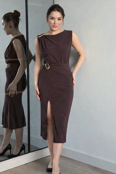 MODAMİNEM Γυναικείο Σετ Μίντι με Χρυσή Αγκράφα και Ντραπέ Σχέδιο