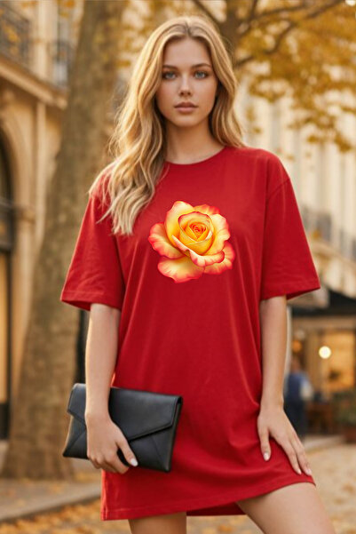 Frisson Elbisee Women's Red Oversize T-Shirt Dress – Yellow Red Rose Print