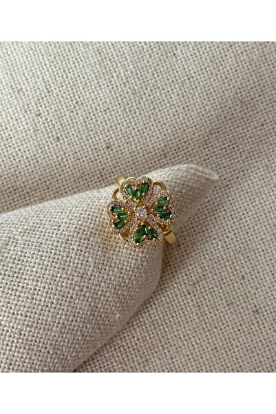 Haziran Accessory, Stone-Encrusted Rotating Heart Clover Adjustable Ring