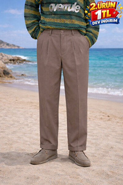 DAMGA JEANS Ανδρικό καλοκαιρινό ψηλόμεσο παντελόνι από ύφασμα A-Coffee με πιέτες