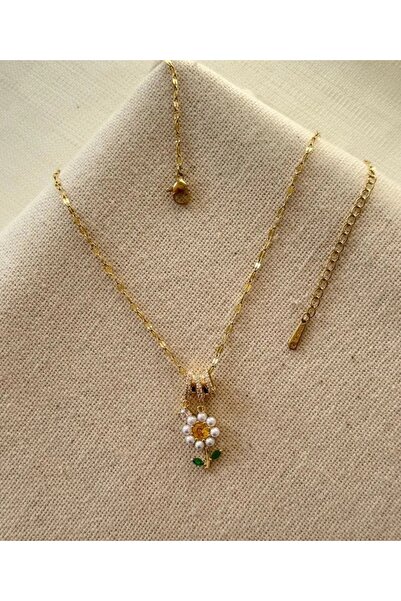 Haziran Accessory, Steel Yellow Stone Pearl Daisy Gold Necklace