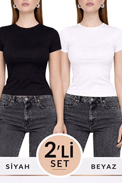 MKZBUTİK Black and White Double Crew Neck Basic Ultra Soft Women's Short Slee...