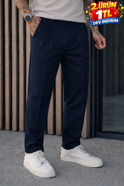 DAMGA JEANS Ανδρικό υφασμάτινο παντελόνι με ψηλόμεσο πλισέ σε μπλε ναυτικό χρ...