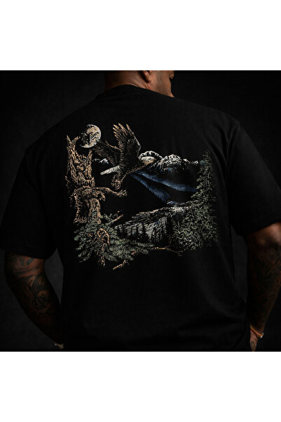 VEK Tricou supradimensionat cu tematică Vultur și Munte, imprimat pe spate