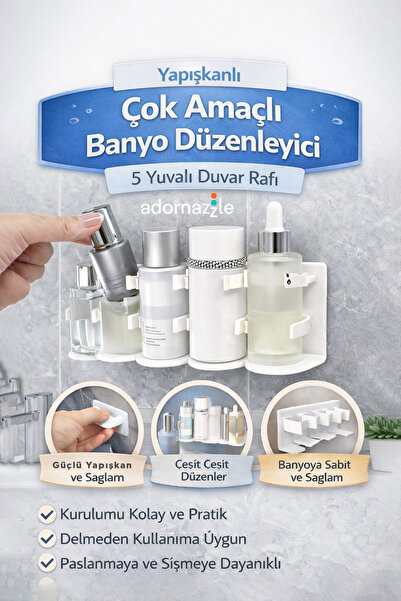 KCA HOME Yapışkanlı Çok Amaçlı Banyo Düzenleyici, 5 Yuvalı Duvar Rafı, Fırçal...