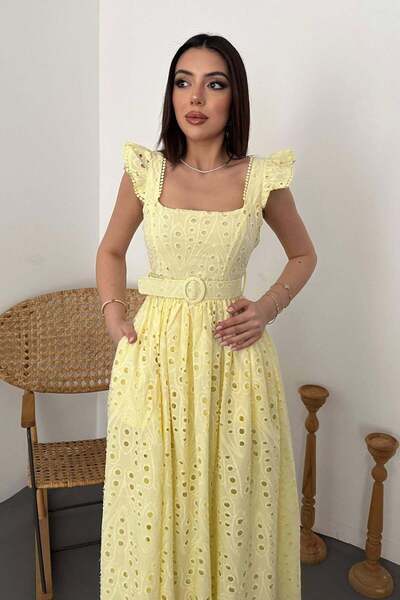 Julidress Φόρεμα Premium Brode Fisto με τετράγωνο γιακά, ΖΩΝΗ και δαντέλα