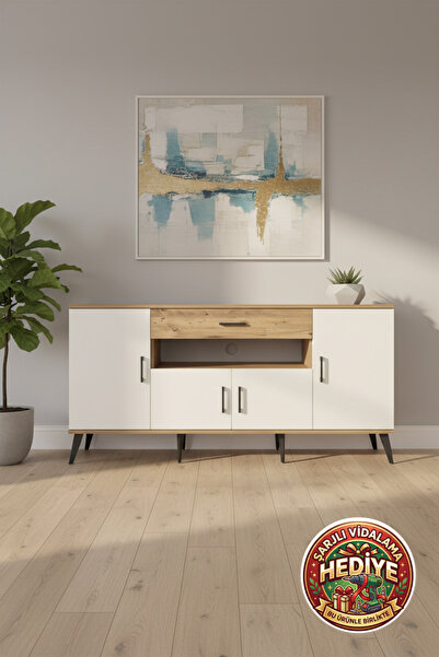 mobihobi Silva Konsol: 3 Raflı, 1 Çekmeceli, 4 Kapaklı Çam/Aytaşı (176x30x83cm)