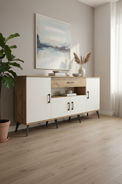 mobihobi Silva Konsol: 3 Raflı, 1 Çekmeceli, 4 Kapaklı Çam/Aytaşı (176x30x83c...