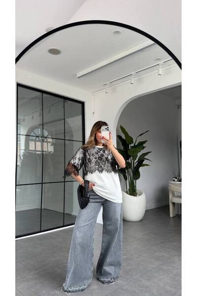 khar Women's Lace Garnished Crew Neck Modal Tshirt