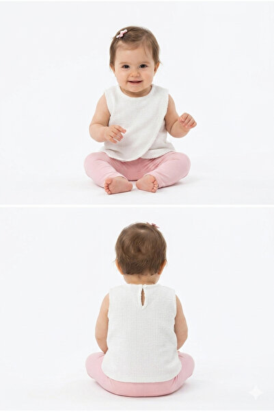 Baby Kız Bebek & Çocuk Dokulu Önü Çapraz Katmanlı Tasarım Bluz -Ekru/Beyaz