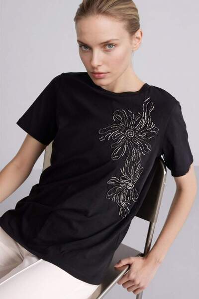 DeFacto Regular Fit Crew Neck Embroidery Print Printed Combed Cotton Short Sl...