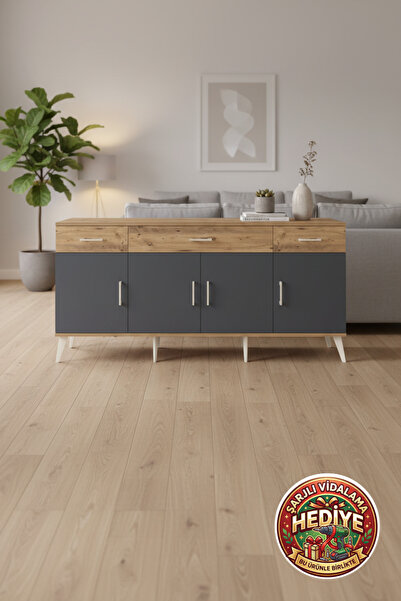 mobihobi Luna Konsol 3 Raflı 3 Çekmeceli 4 Kapaklı 176x44x83 Çam-Antrasit