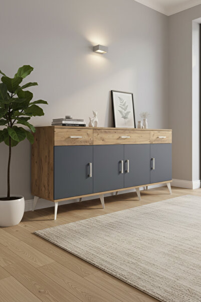 mobihobi Luna Konsol 3 Raflı 3 Çekmeceli 4 Kapaklı 176x44x83 Çam-Antrasit - B...