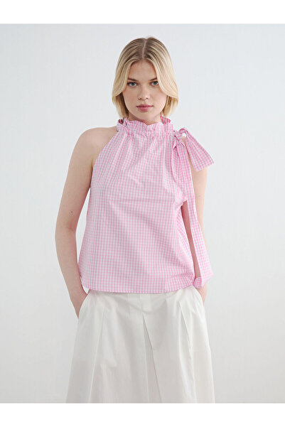 LC Waikiki Nevavm Halter Neck Plaid Bow Detailed Blouse with a Difference