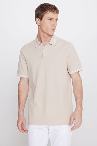 ALTINYILDIZ CLASSICS Men's Beige 100% Cotton Comfort Fit Relaxed Cut Polo Col...