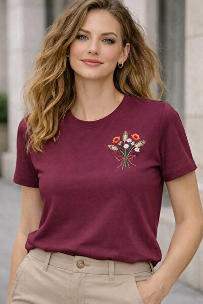 yubistitch Tshirt Nakış İşlemeli Demet Çiçek- PENYE-Bordo