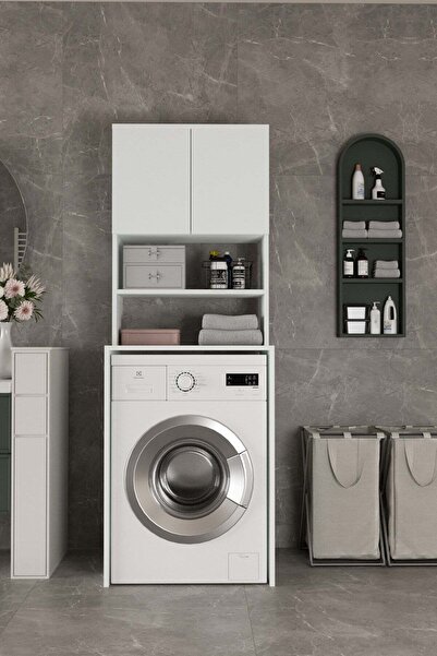 GaniHome Vera-2 Kapaklı Çamaşır Makinesi Dolabı Beyaz Rengide