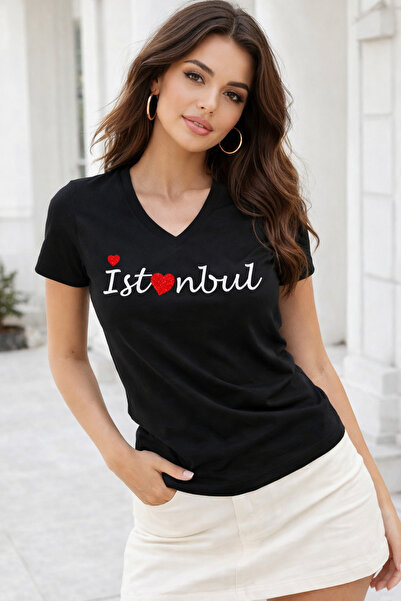 Rich Γυναικείο μπλουζάκι από μαύρο βαμβάκι Istanbul με στάμπα V-λαιμόκοψη Basic