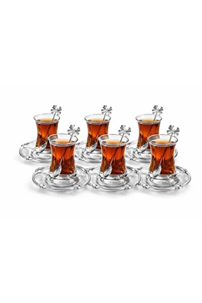 Simply Now 6’lı Cam Çay Bardağı Seti Gül Serisi Gold & Gümüş Çerçeveli Tabakl...
