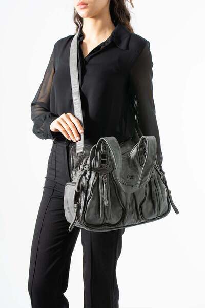 571 Collections Çanta Πλυμένη δερμάτινη τσάντα ώμου πολλαπλών θέσεων, γκρι μο...